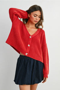 Red ribbed knit V neck buttoned long sleeve cardigan for stylish layered wear