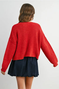 Red ribbed knit long-sleeve sweater from V NECK BUTTONED RIBBED LONG SLEEVE CARDIGAN collection