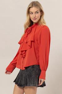 Red ruffled TIE NECK RUFFLE BLOUSE for women’s boho chic clothing at Shop Daisy