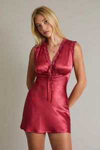 Red satin lace-trimmed sleeveless mini dress with V-neck tie front