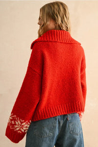 Red snowflake-pattern sweater jacket with shawl collar