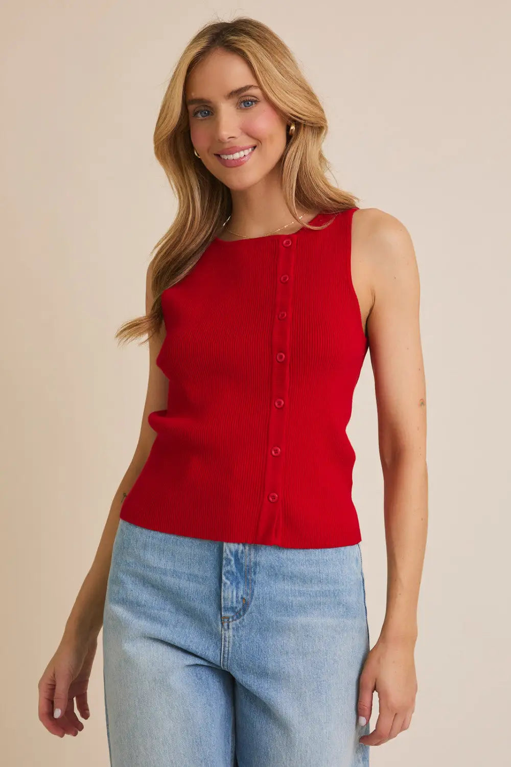 Red sleeveless boat neck ribbed knit top from Daisy Lane Shop featuring sleeveless button design