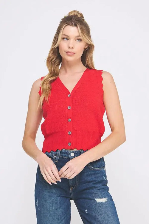 Red pointelle knit button vest with scallop edges and V-neckline for women