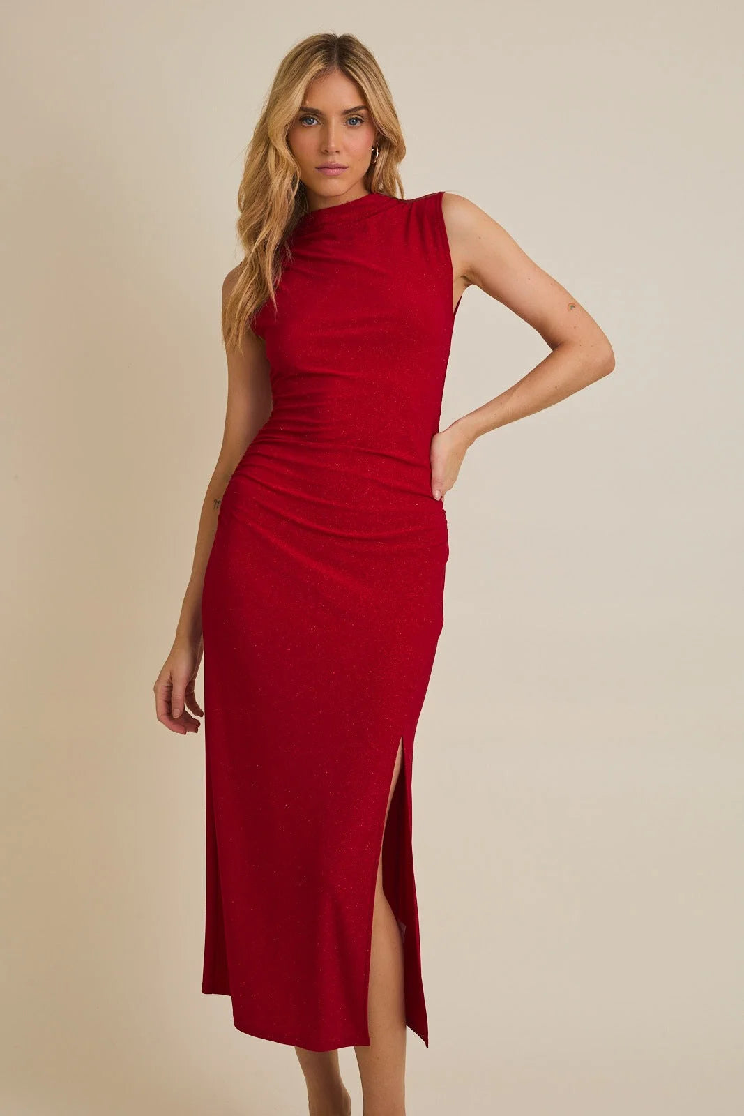Red mock neck sleeveless glitter midi dress with side slit