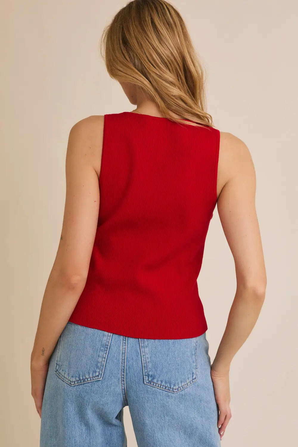 Red boat neck sleeveless ribbed top from Daisy Lane Shop, sleeveless button design