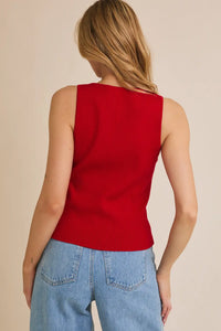 Red boat neck sleeveless ribbed top from Daisy Lane Shop, sleeveless button design
