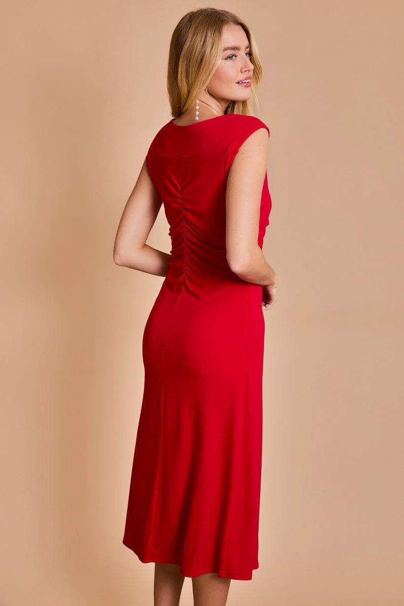 Red sleeveless midi dress showcasing back shirring detail in women’s boho chic clothing