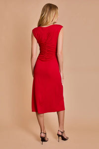 Red sleeveless midi dress with ruched back detail from Shop Daisy in women’s boho chic clothing