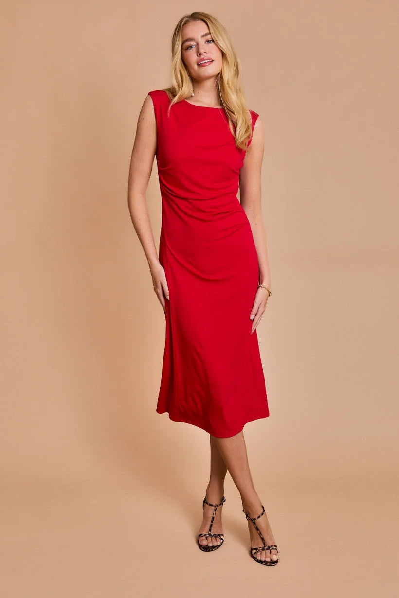 Red sleeveless midi dress with fitted silhouette from Shop Daisy in women’s boho chic clothing