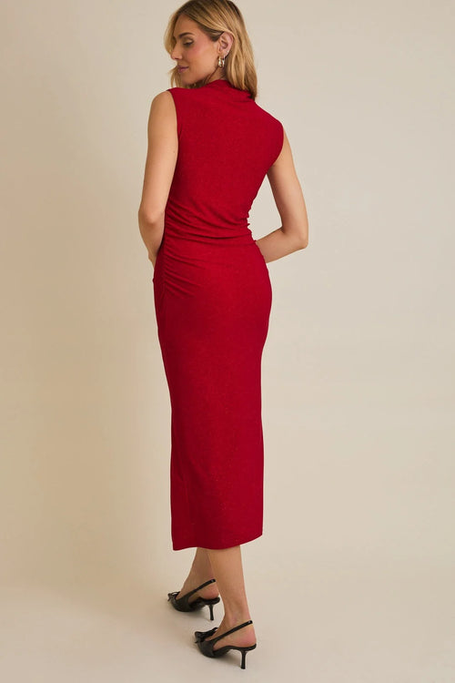 Red mock neck sleeveless glitter midi dress with fitted silhouette