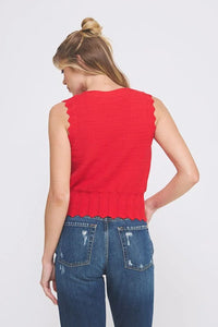 Red Pointelle Knit Button Vest with Scalloped Edges paired with Blue Distressed Jeans