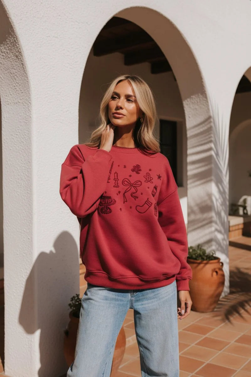 Red long sleeve Christmas graphic sweater with casual design