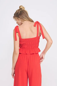 Soft linen smocked tie straps tank with red tie-strap smocked top and matching pants set