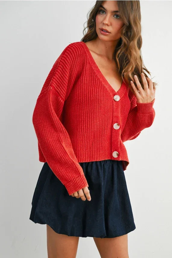 Red V-neck buttoned ribbed long sleeve cardigan for stylish comfort and warmth