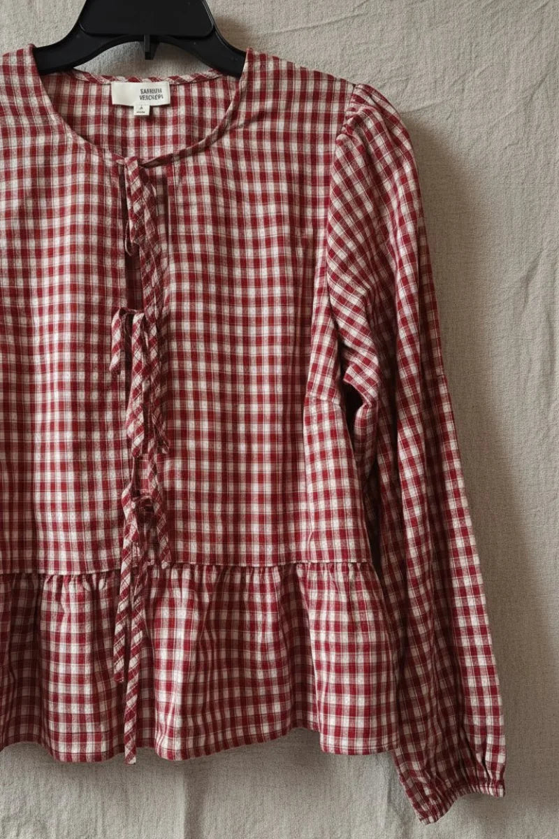 Red and white checkered long sleeve bows closure blouse with ruffled hem, H&M