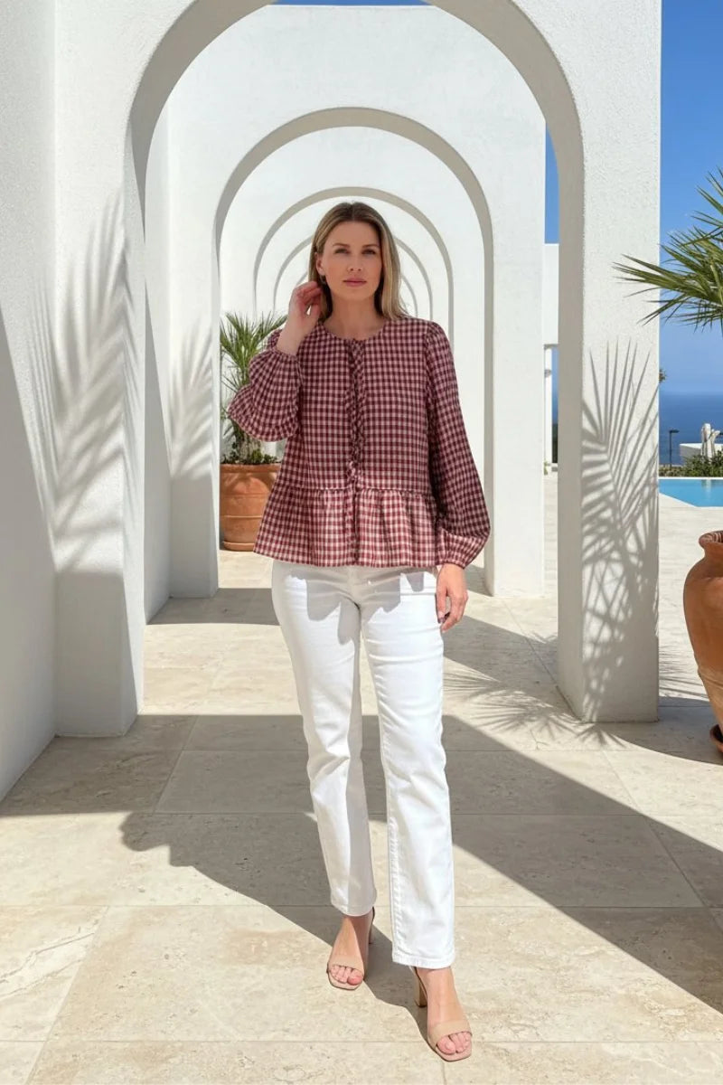 Red and white checkered long sleeve bows closure blouse with ruffled hem