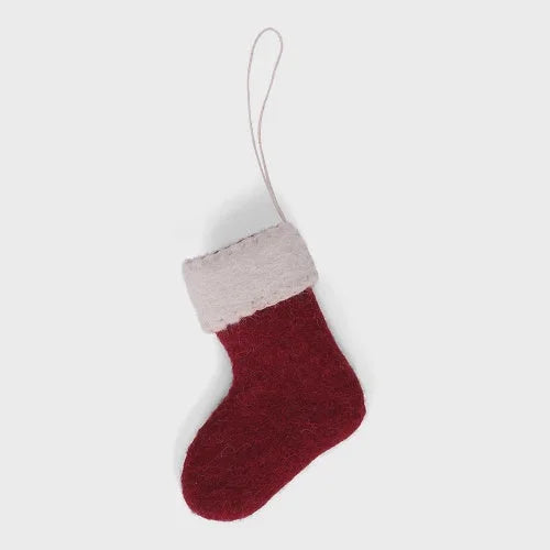 Red and white felt handmade mini burgundy stocking ornament with hanging loop