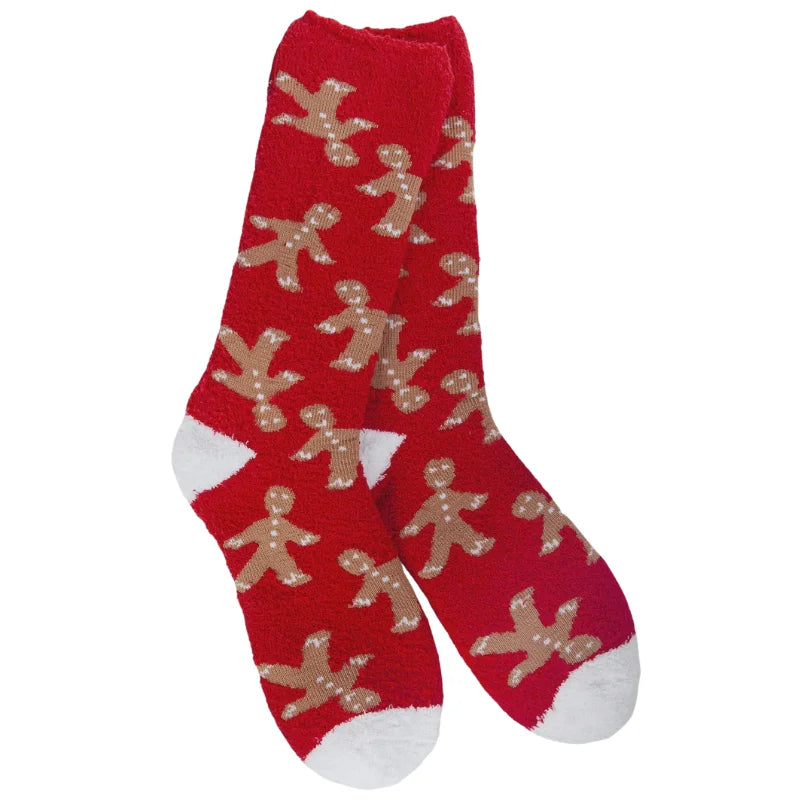 Red and white Gingerbread Man Cozy Crew socks with glittery details