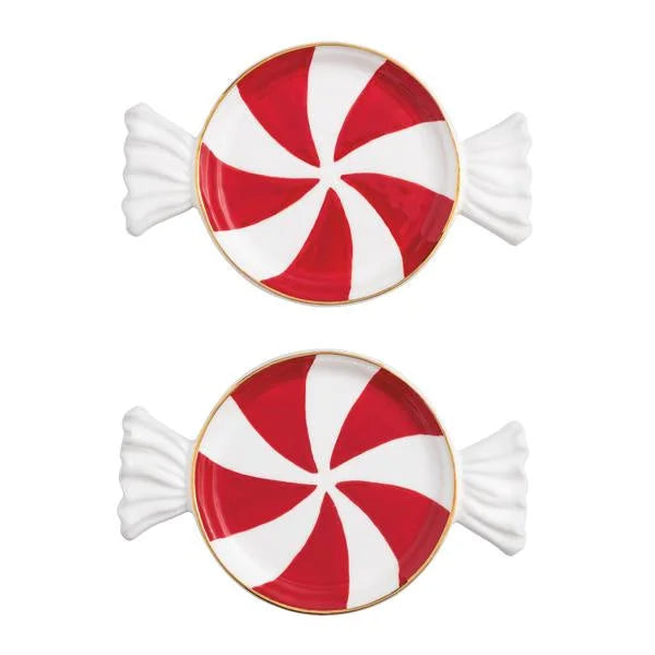 Red and white peppermint candy-shaped ceramic Candy Tidbit Plate with gold trim