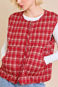 Red and white plaid quilted vest jacket ideal for women’s boho chic clothing from Shop Daisy