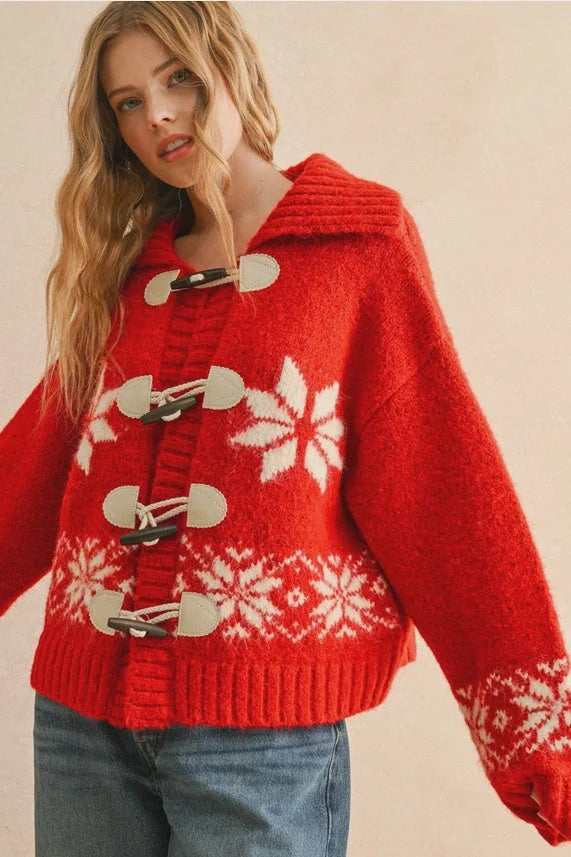 Red and white snow flake pattern sweater jacket with toggle closures