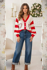 Holiday candy cane knit cardigan with red white stripes