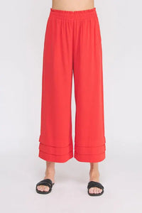 Red wide-leg elastic ruffle waist ankle pants for a stylish and comfortable fit