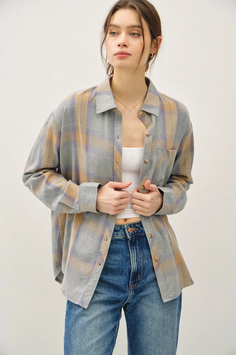 Relaxed-fit classic cotton faded plaid shirt with blue, orange, and purple pattern