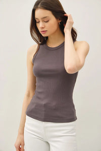 Dyed round neck gray tank top showcasing ribbed fabric for a stylish round neck tank look