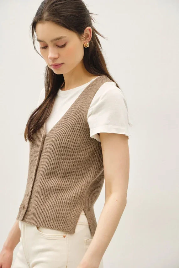Ribbed knit chunky V neck button-up sweater vest with front button closure