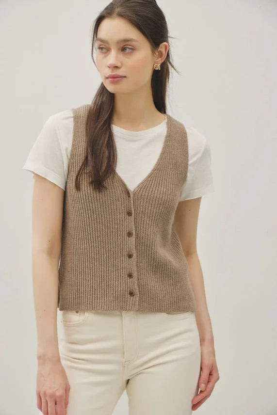 Neutral brown ribbed knit sweater vest with chunky v neck and neck button detail