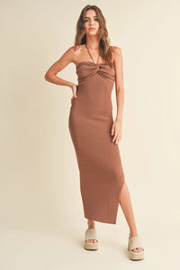 Halter neck knit long dress with side slit in rich brown featuring twisted neckline