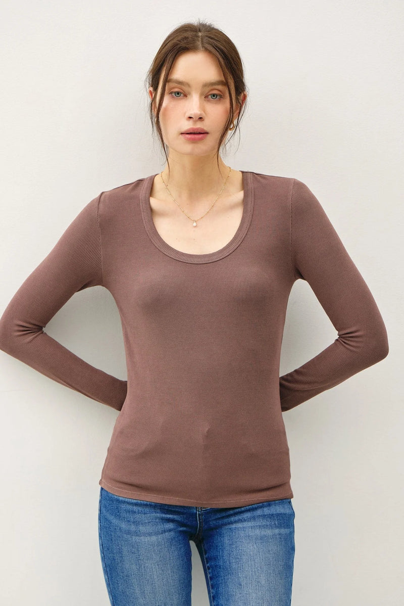 Washed basic scoop neck ribbed long-sleeve top in muted brown mauve color