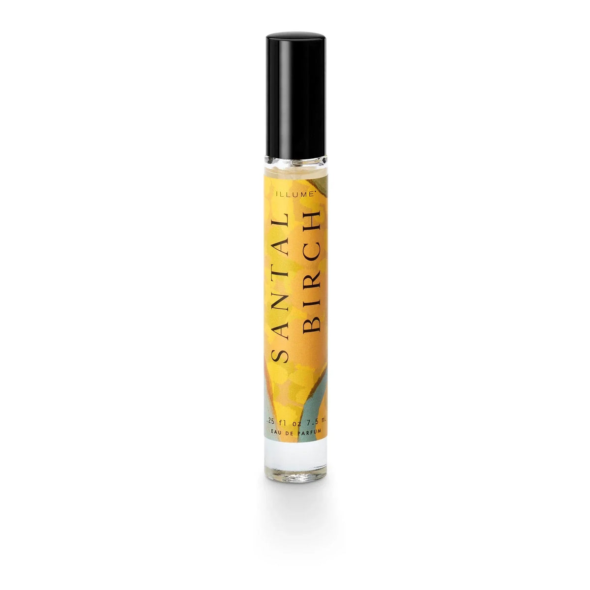 Santal Birch Petite Perfume Spray bottle with black cap and yellow label with green accents