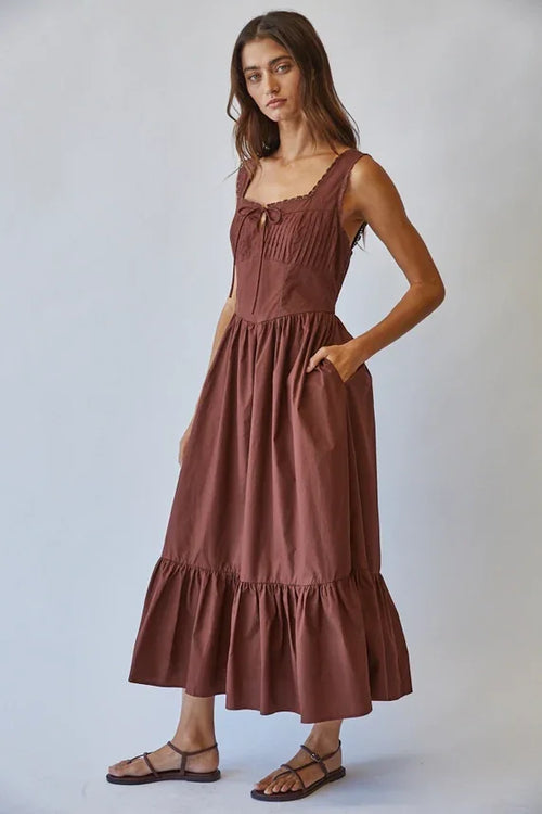 Solid cotton lace tie front maxi dress in rose-colored linen with ruffled hem