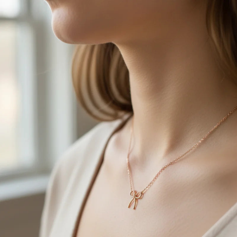Dainty Rose Gold Textured Bow Pendant Necklace