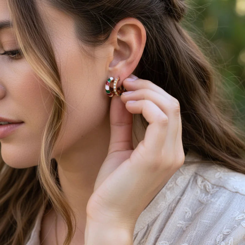 Festive candy cane sparkle clip-on earrings in rose gold and green gems