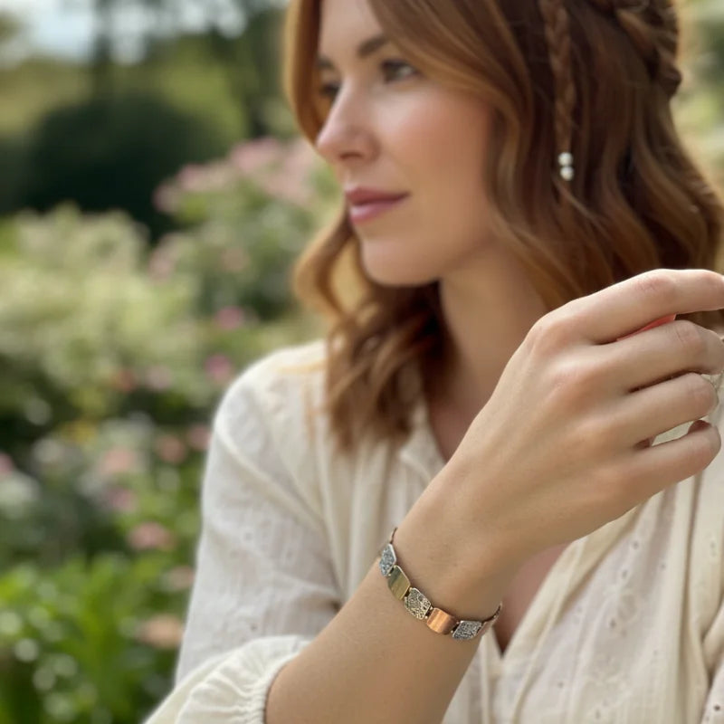 Bohemian mixed metal stretch bracelet in rose gold, silver with diamond accents