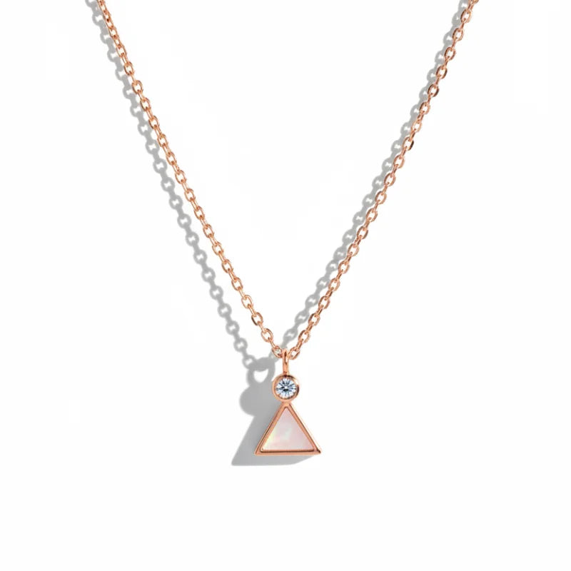 Rose gold gemstone triangle pendant necklace with opal and crystal accents