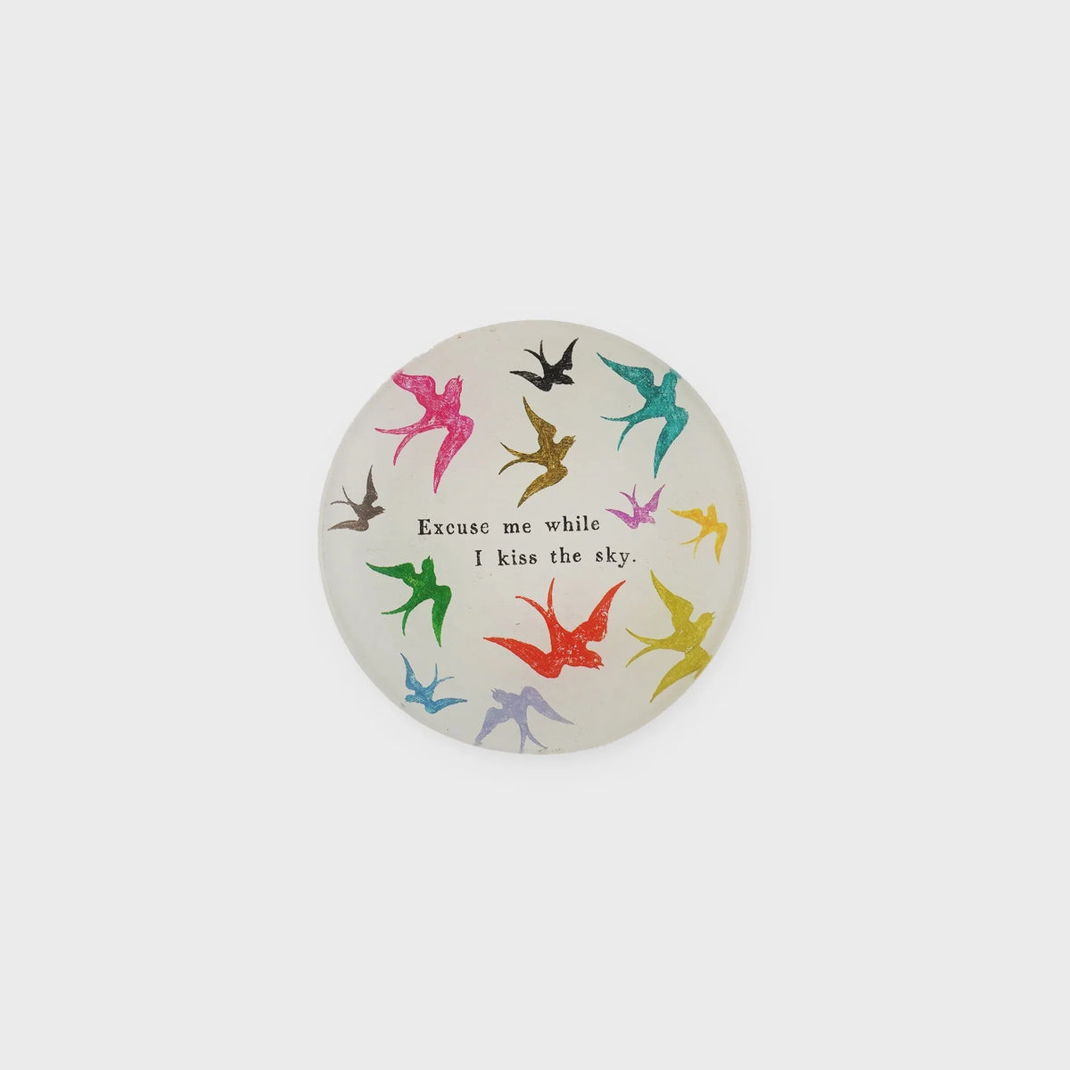 Colorful bird silhouettes on sky mini round decoupage plate with quote design