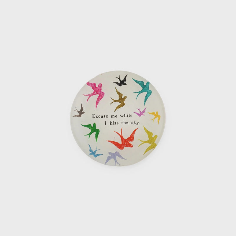 Colorful bird silhouettes on sky mini round decoupage plate with quote design