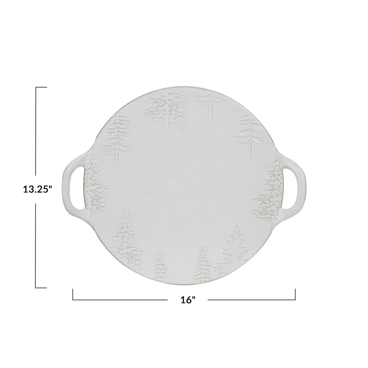 Round white debossed stoneware platter with handles, featuring a reactive glaze finish