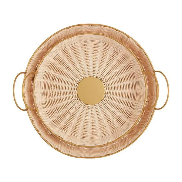 Round woven brass tray with gold handles, ideal for women’s boho chic clothing displays