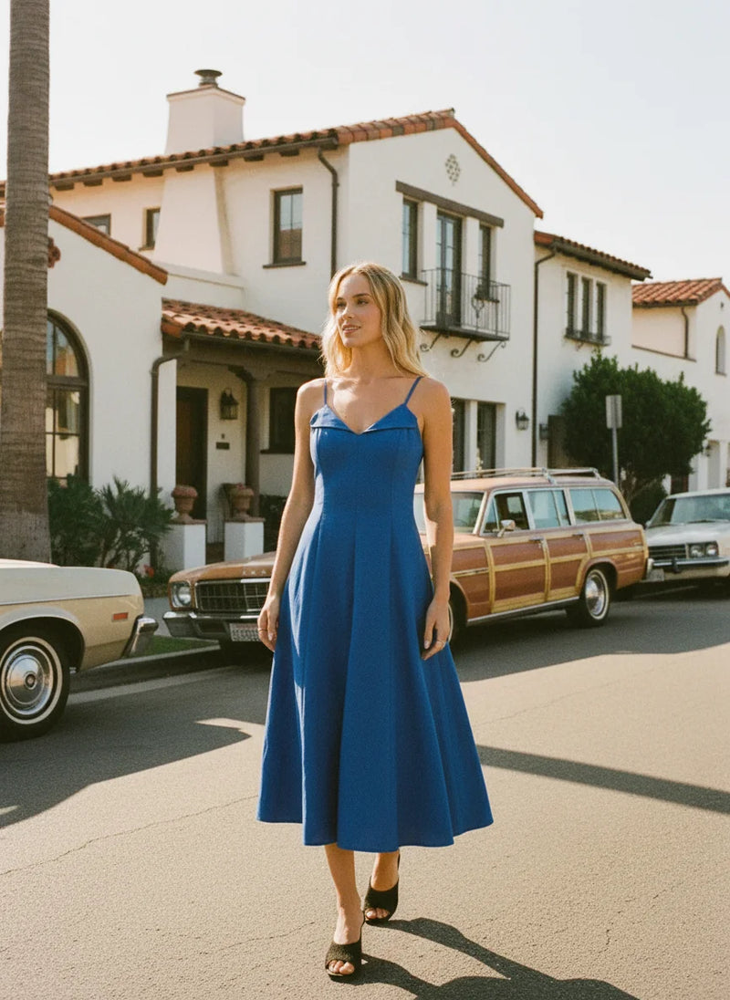 Royal blue satin Lost+Wander Coastal Tide Midi Dress with spaghetti straps