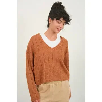 Rust-colored textured knit cropped v-neck sweater over a white undershirt