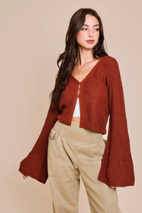 Rust-colored bell sleeve cardigan featuring a v-neck and wide bell sleeves