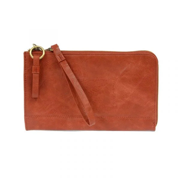 Rust-colored leather wallet with gold-tone ring and zipper for KARINA CONVERTIBLE WRISTLET