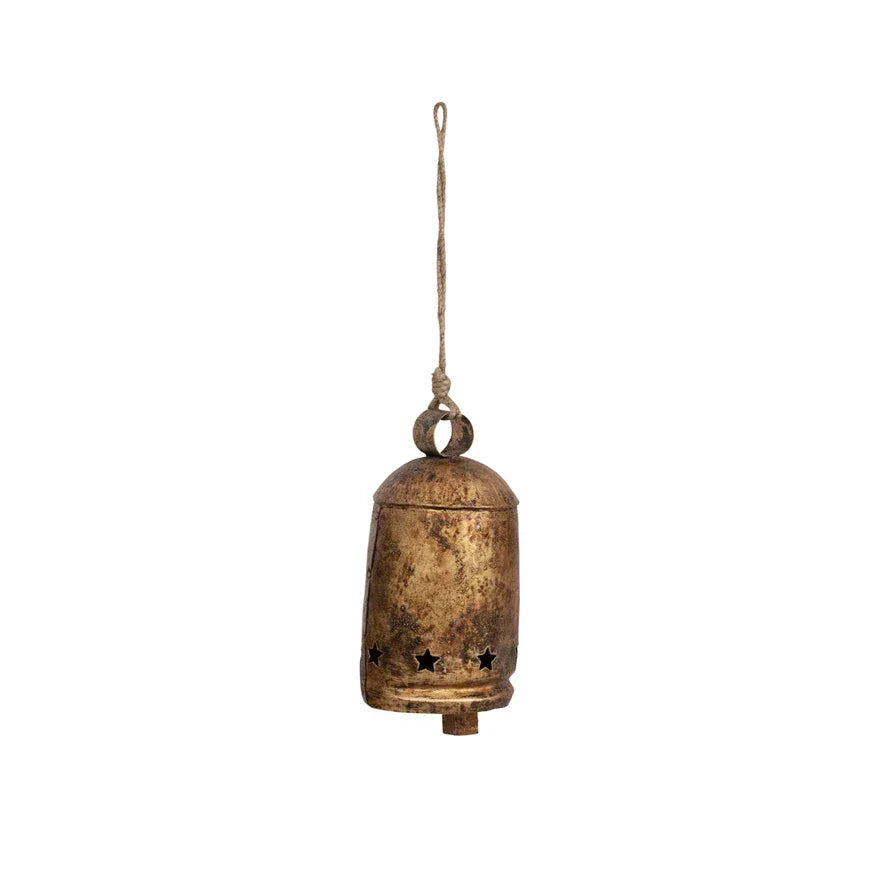 Rustic brass metal bell with stars and jute rope hanger, ideal for women’s boho chic clothing