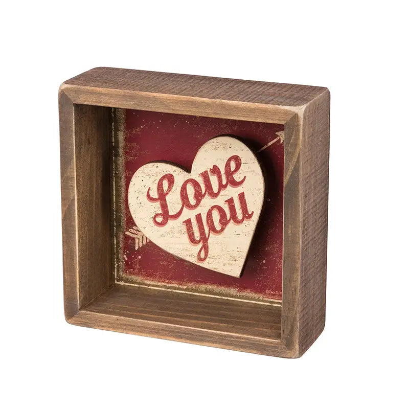 Rustic box sign with dimensional heart featuring Love You text, perfect for Valentine’s Day