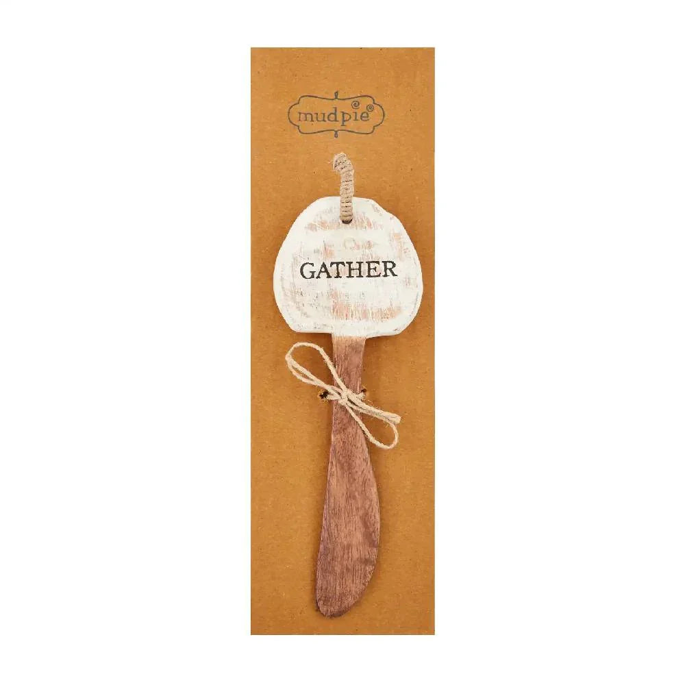 Rustic Thanksgiving butter spreader with mango wood handle and GATHER text